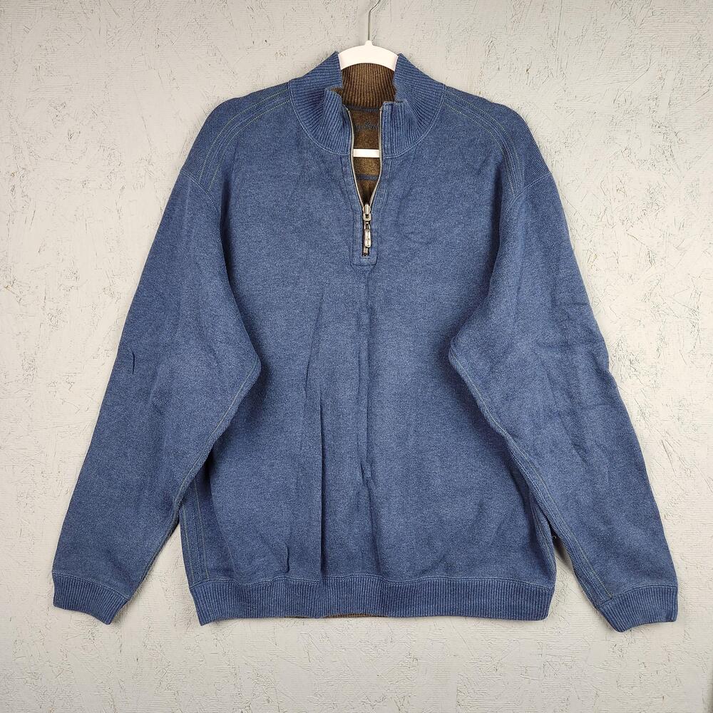 Tommy Bahama Sweater Mens Large Blue Ribbed Knit Pullover Solid 1/4 Zip Preppy